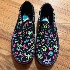 M7.5, W9- Vans Slip-On Glow In The Dark Black Neon Lights Emoji Skate Shoes